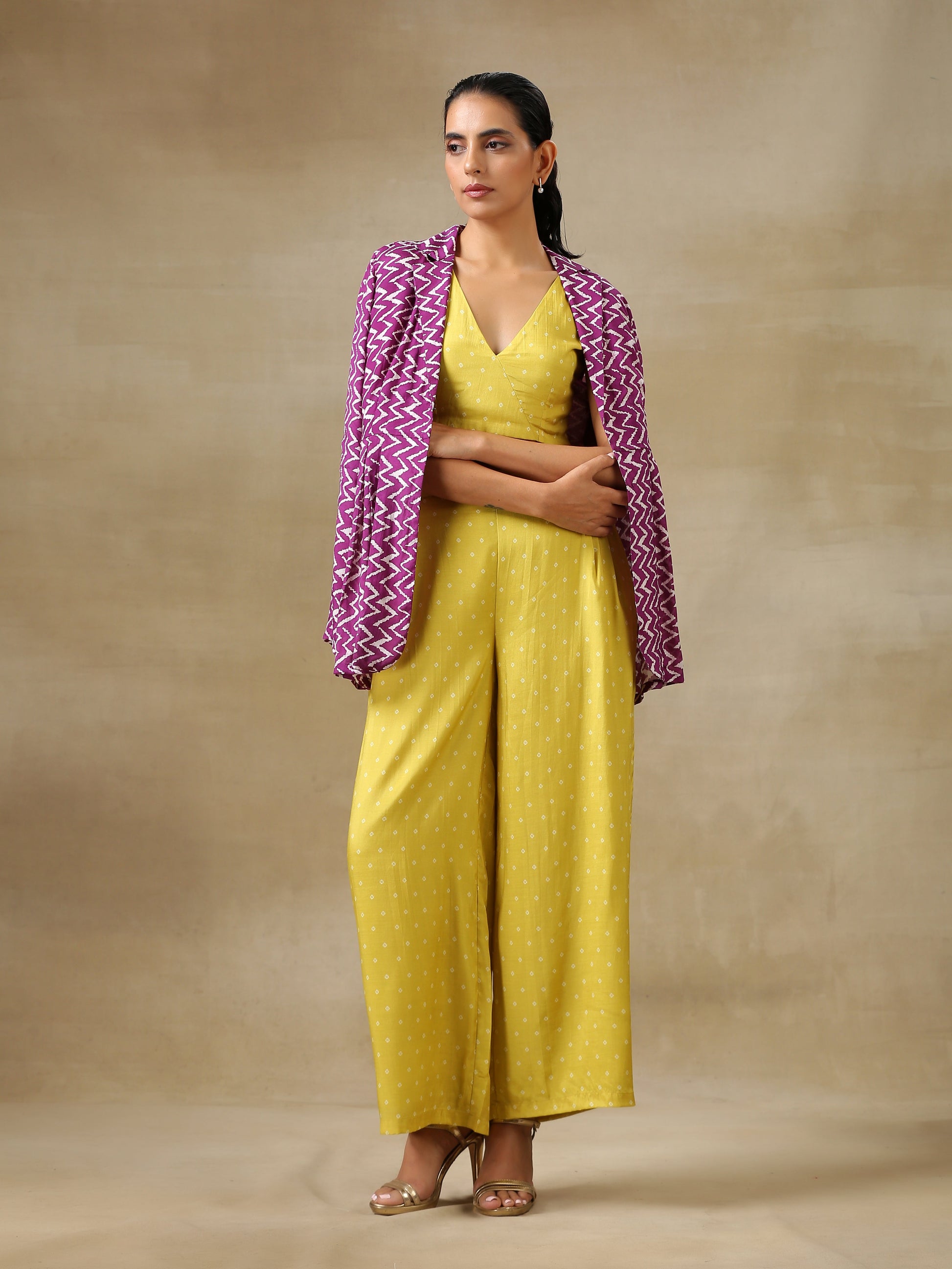 trueBrowns Lime Green Bandhani Printed Silk Top Pant with Purple Printed Jacket Set 
