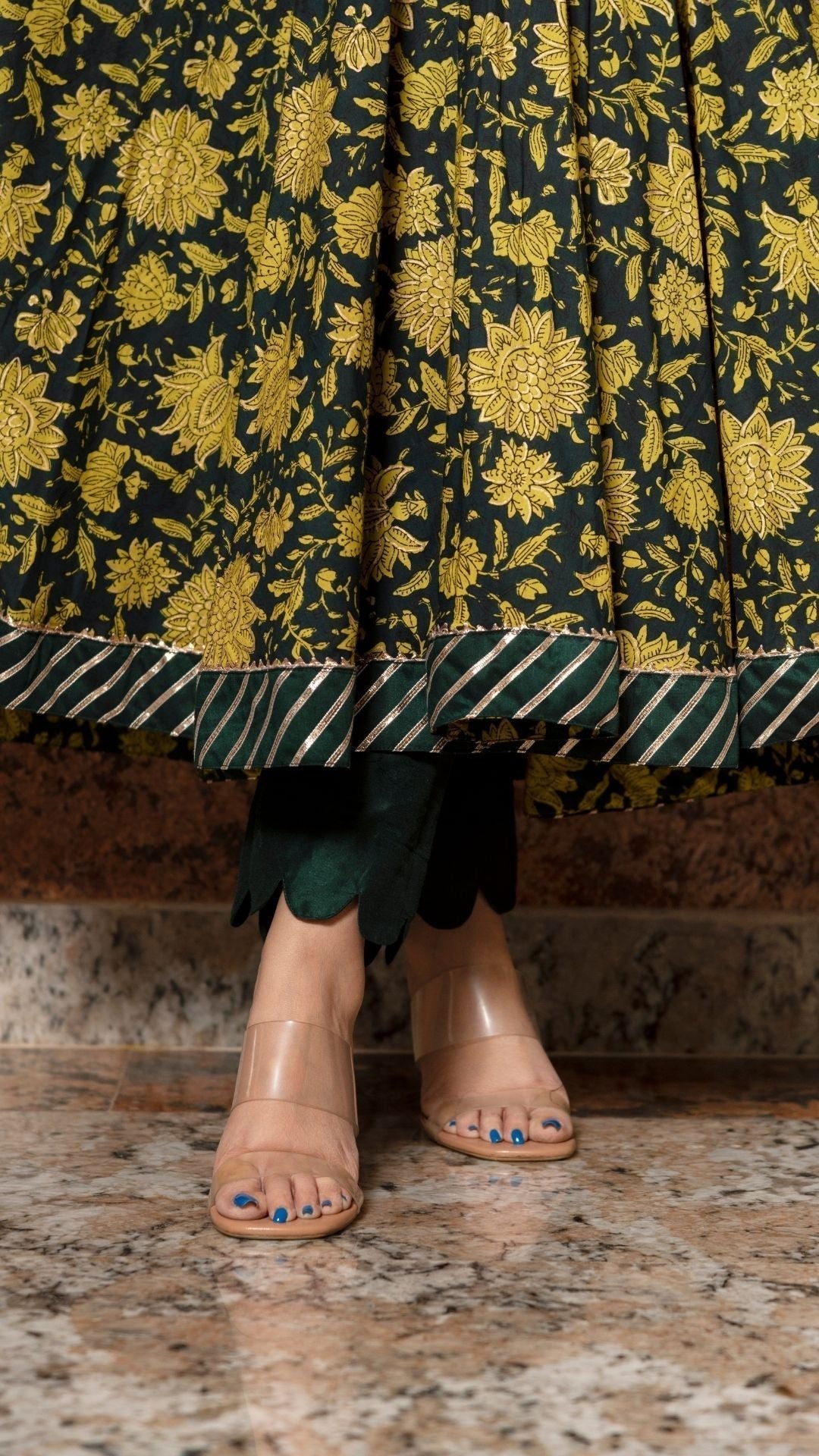 Pomcha Jaipur Idika Green Hand Block Anarkali Set 