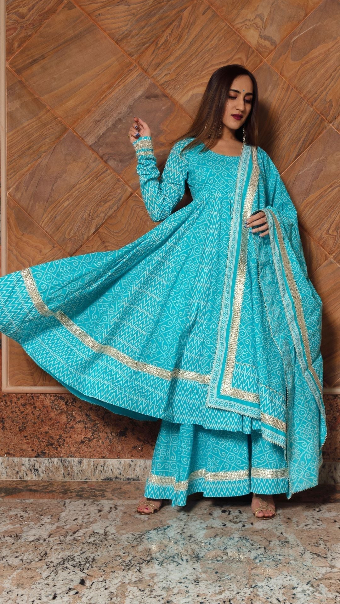 Pomcha Jaipur Neelkari Blue Cotton Anarkali Set 