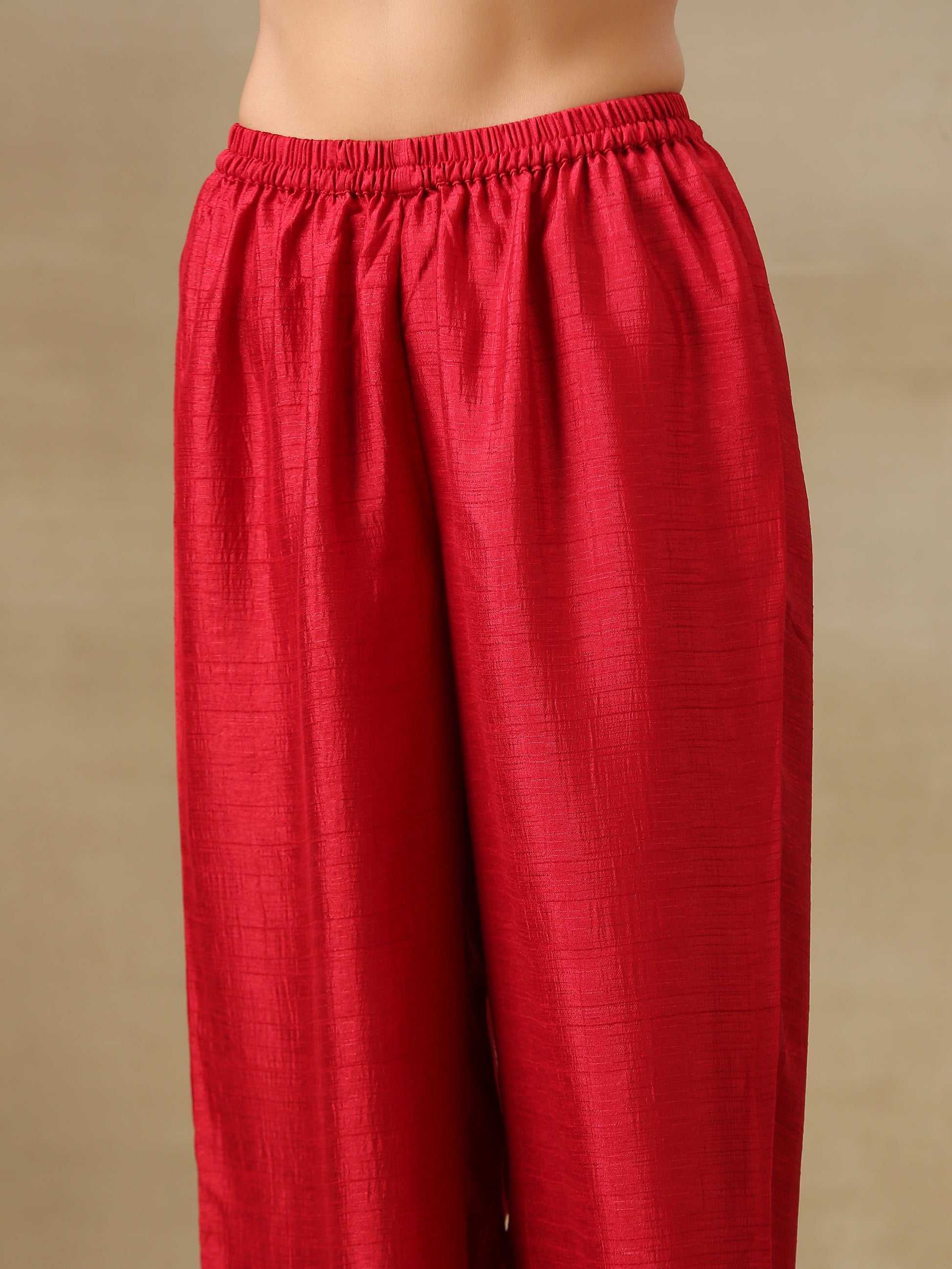 trueBrowns Maroon Textured Silk Front Slit Kurta Pant Set 