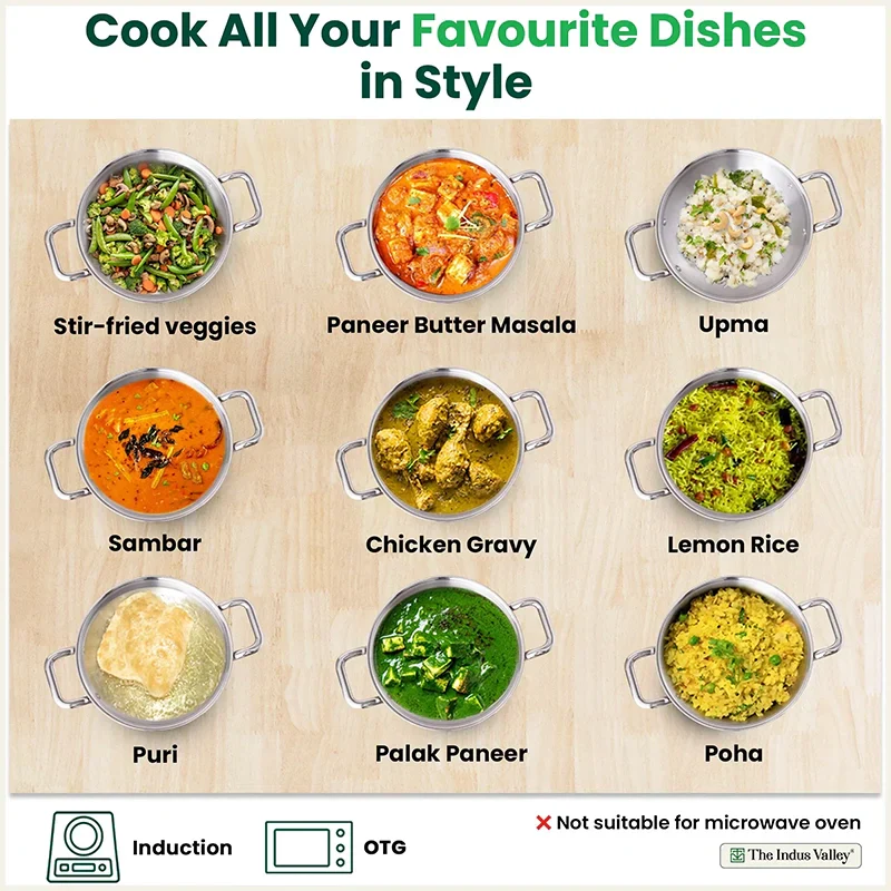 The Indus Valley TurboCuk Tri-ply Stainless Steel Kadai+ Glass Lid, Premium Quality, 3 Layer Thick Body, 100% Toxin-free, Non-stick, Induction & Gas, 1.7/2.7/3.5L  Grab2Buy The Indus Valley Grab2Buy