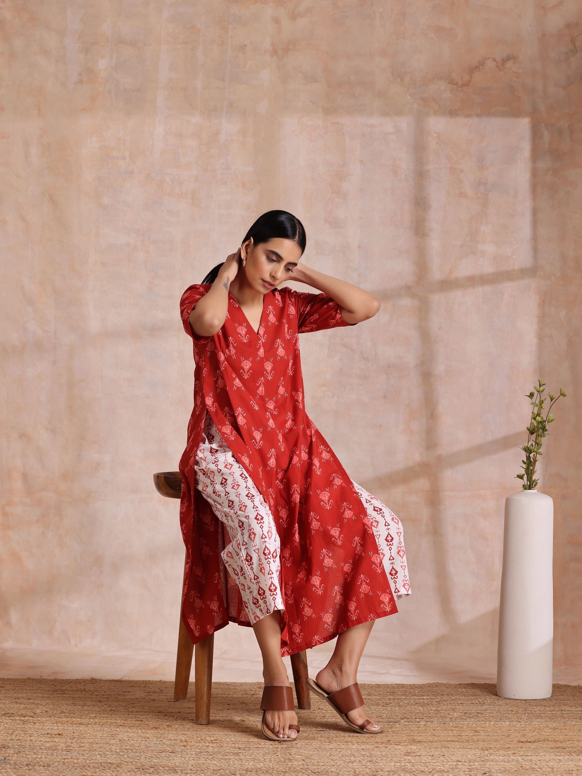trueBrowns Red On Red Ikat Print Cotton Kurta Pant Set 