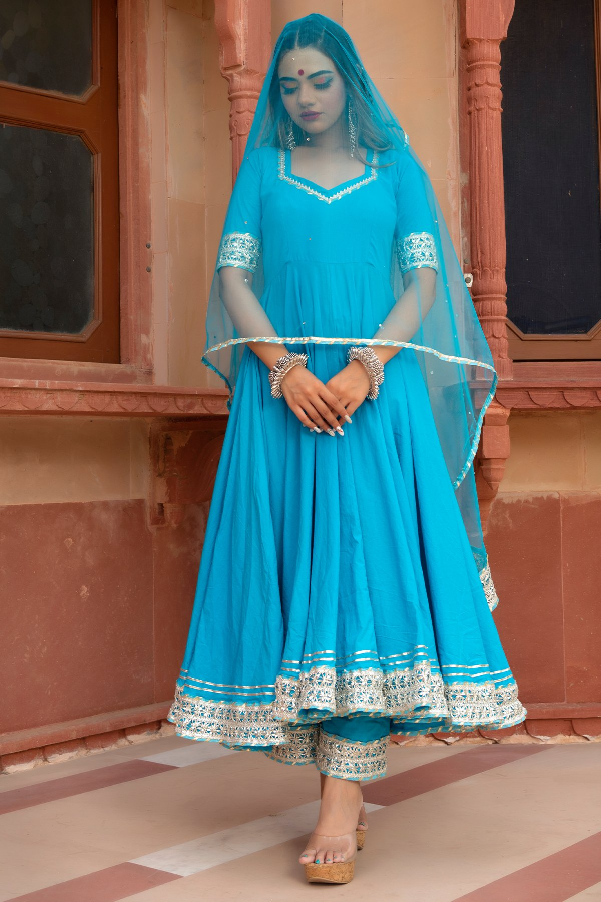 Pomcha Jaipur Kalamkari Blue Pure Cotton Anarkali Set 