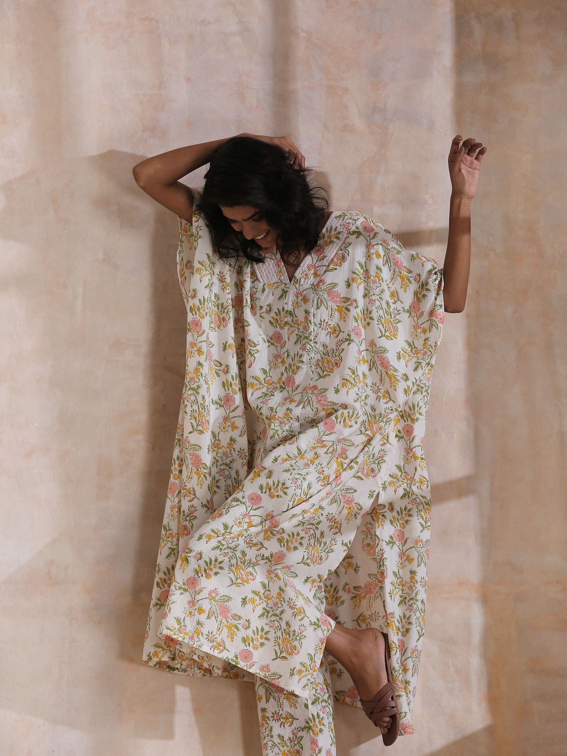 trueBrowns Pink Yellow Floral On White Block Print Cotton Panel Kaftan Kurta Pant Set 