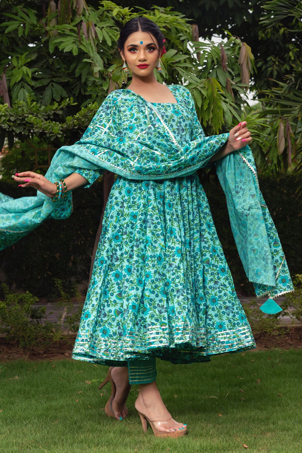 Pomcha Jaipur Morni Hand Block Cotton Anarkali Set 