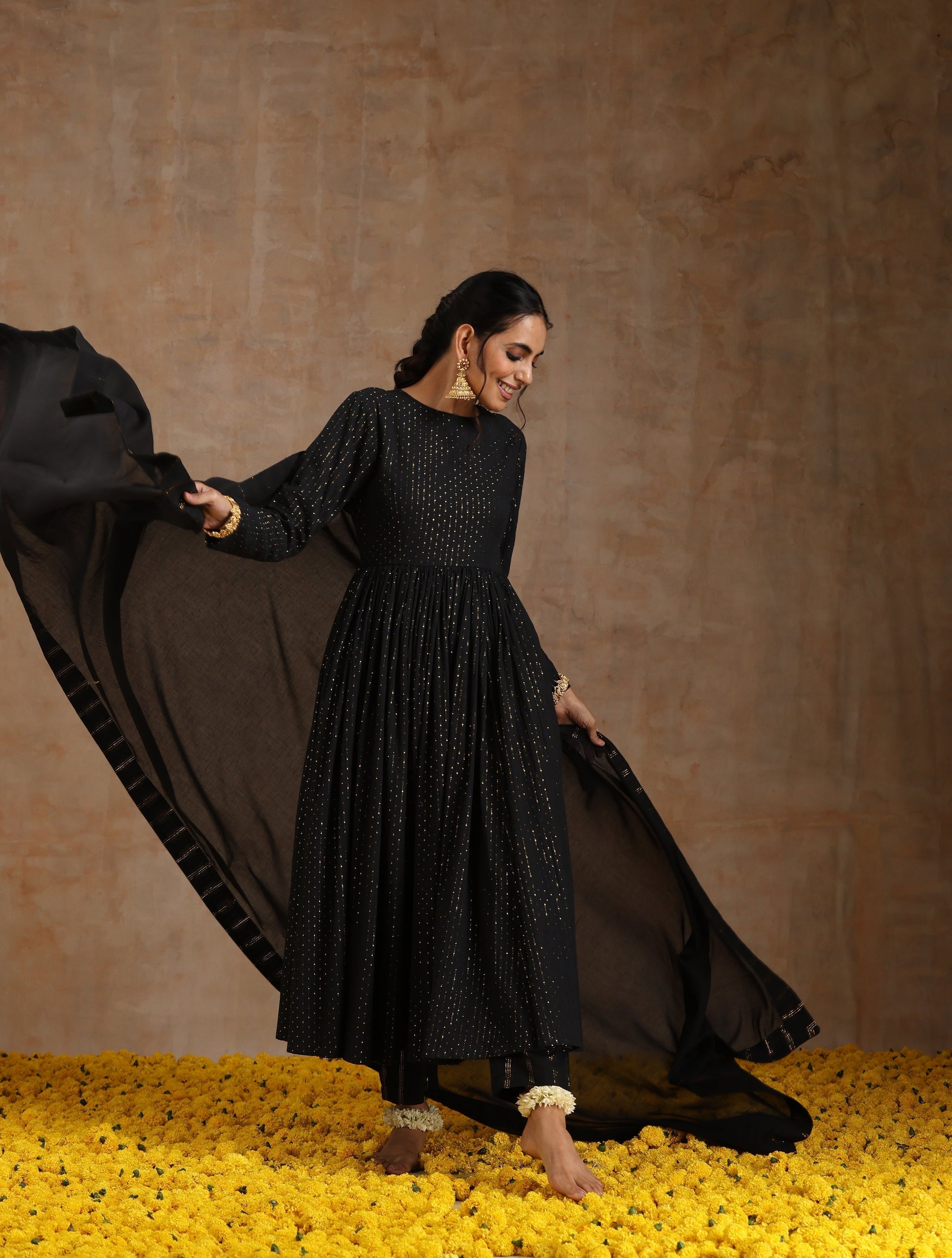trueBrowns Black Gold Cotton Anarkali Set 