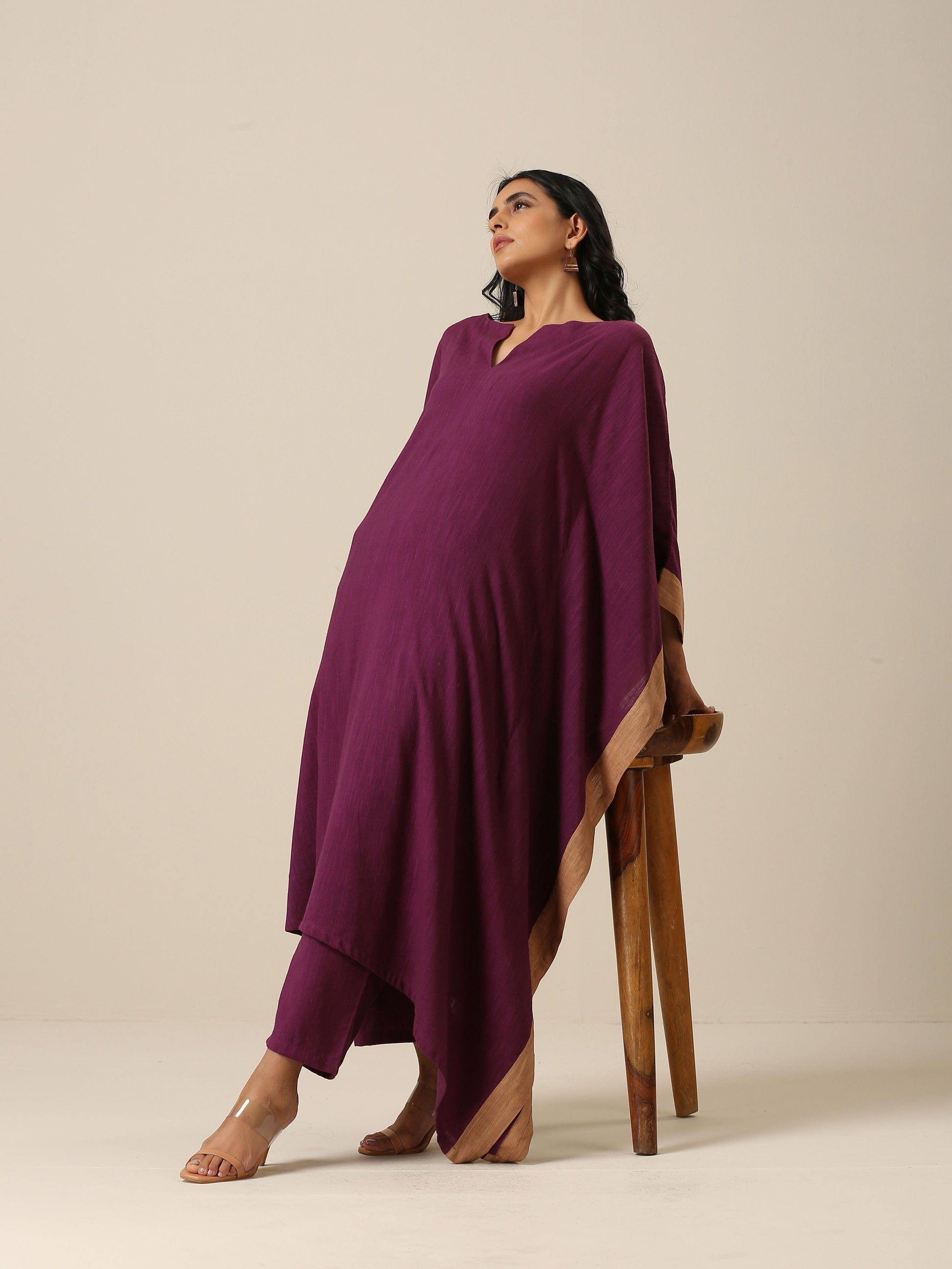 trueBrowns Plum Purple Slub Texture High Low Kaftan Pant Set 