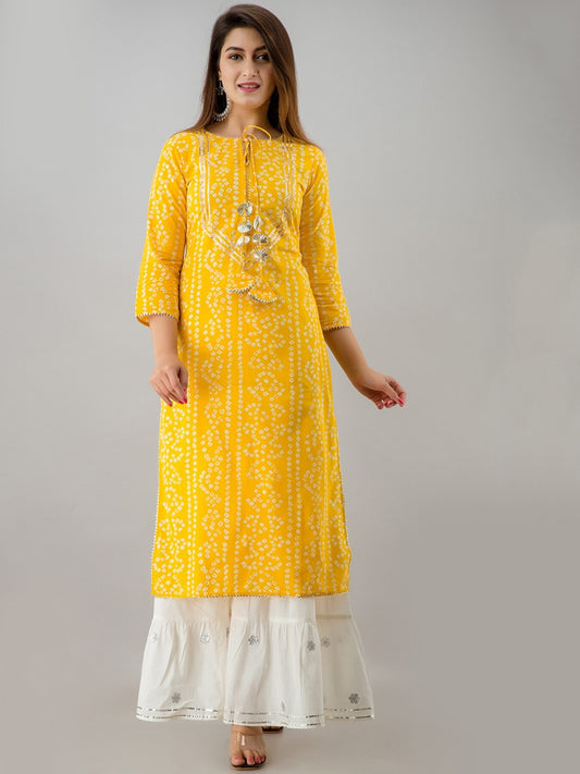 HERE&NOW Yellow & White Bandhani Printed Gotta Patti Kurta with Sharara
