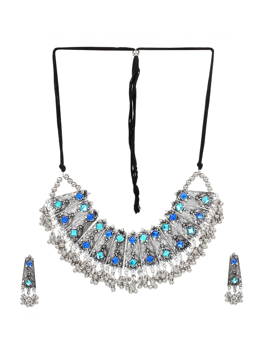 Cardinal Oxidised Silver-Toned & Blue Stones-Studded & Beaded Jewellery Set - Grab2buy