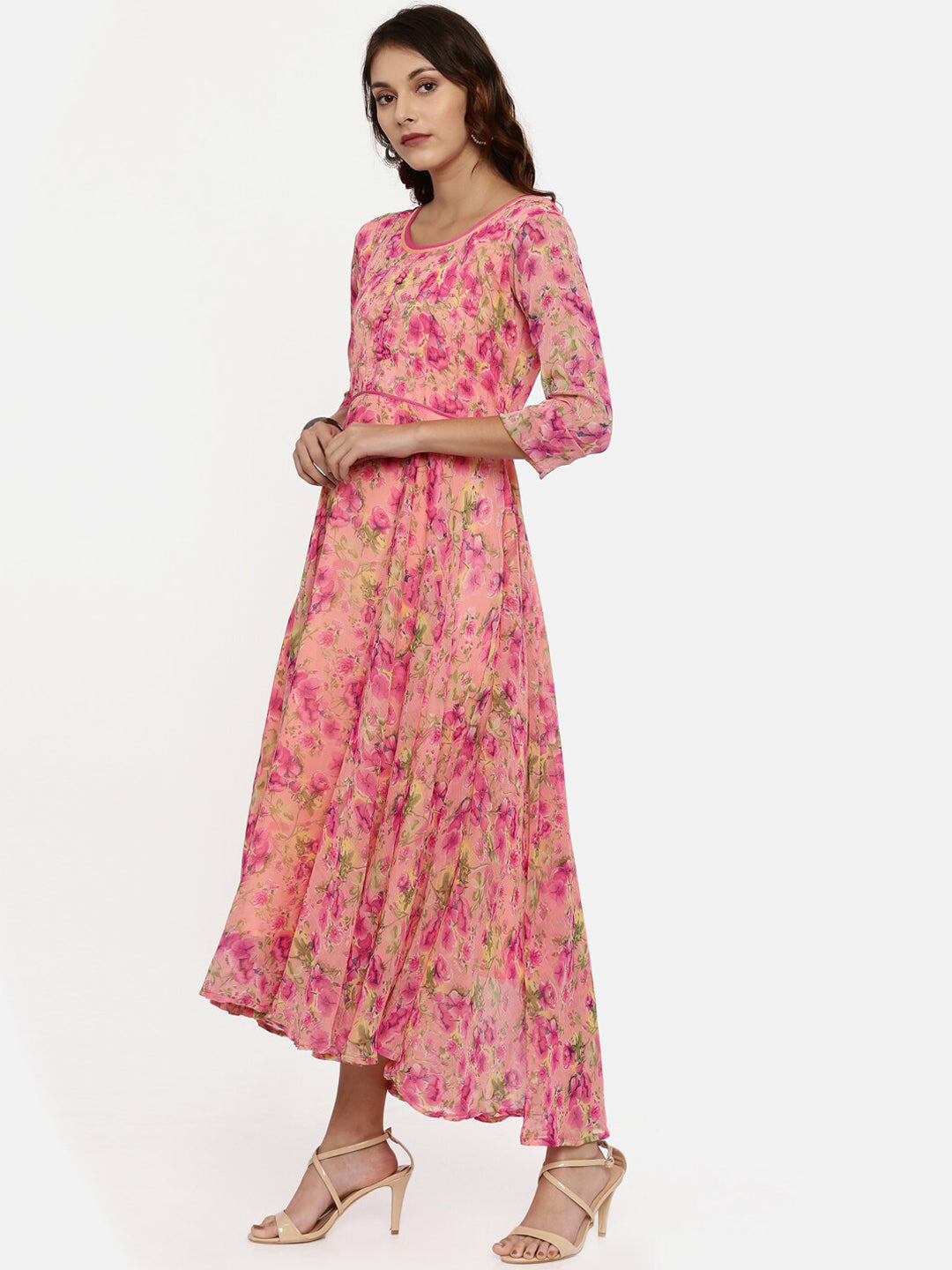 Souchii Women Pink & Yellow Floral Printed Fit & Flare Dress 