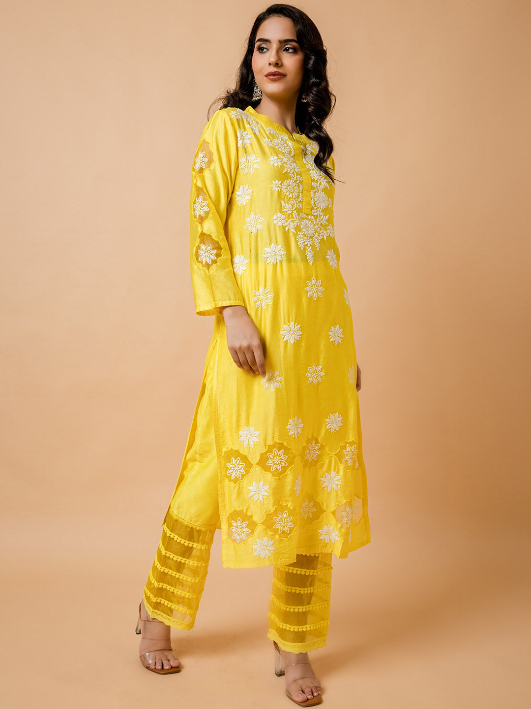 HOUSE OF KARI Floral Embroidered Chanderi Silk Chikankari Kurta 