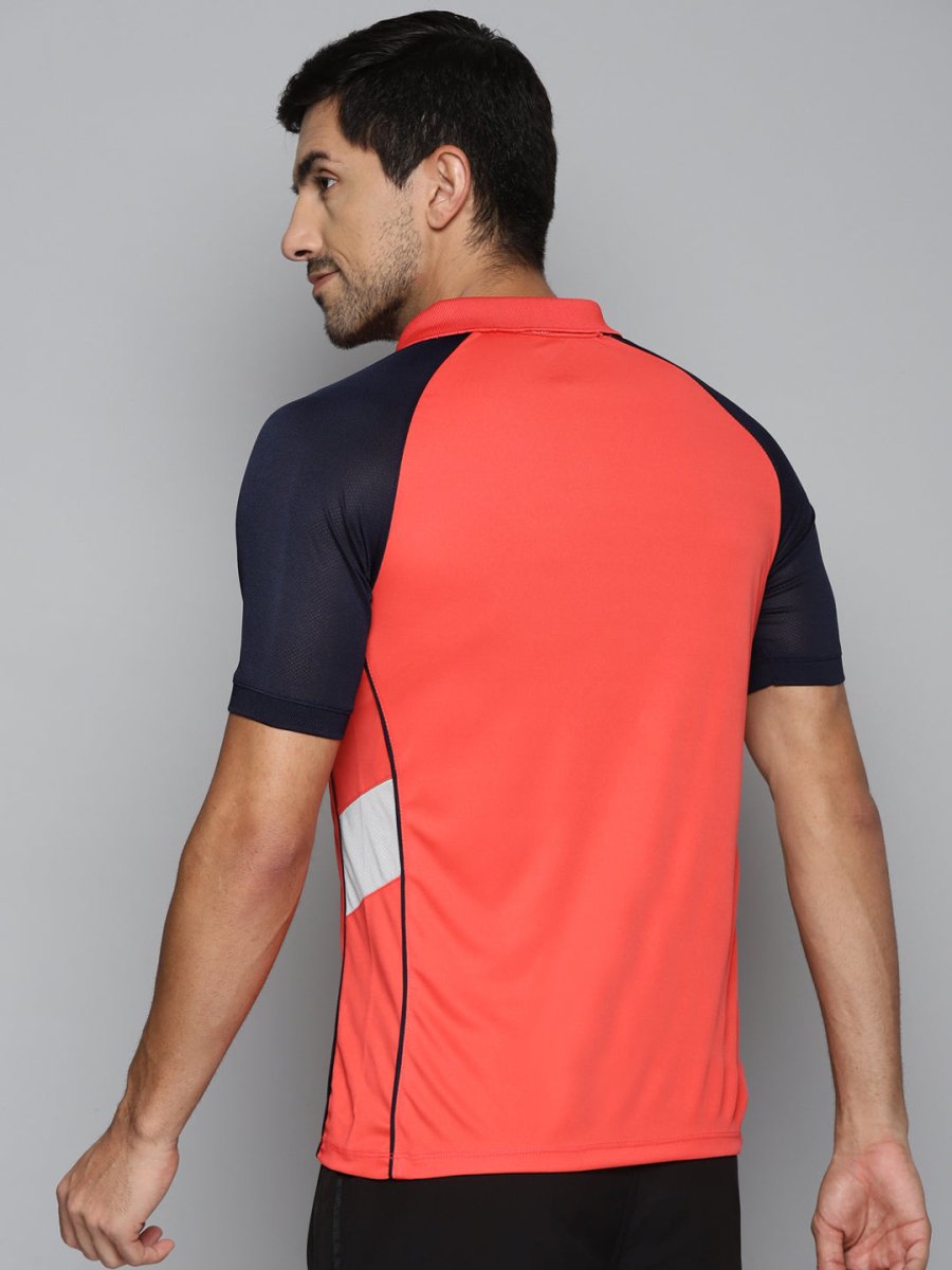 Alcis Men Red & Navy Blue Colourblocked Polo Collar Slim Fit Running T-shirt 
