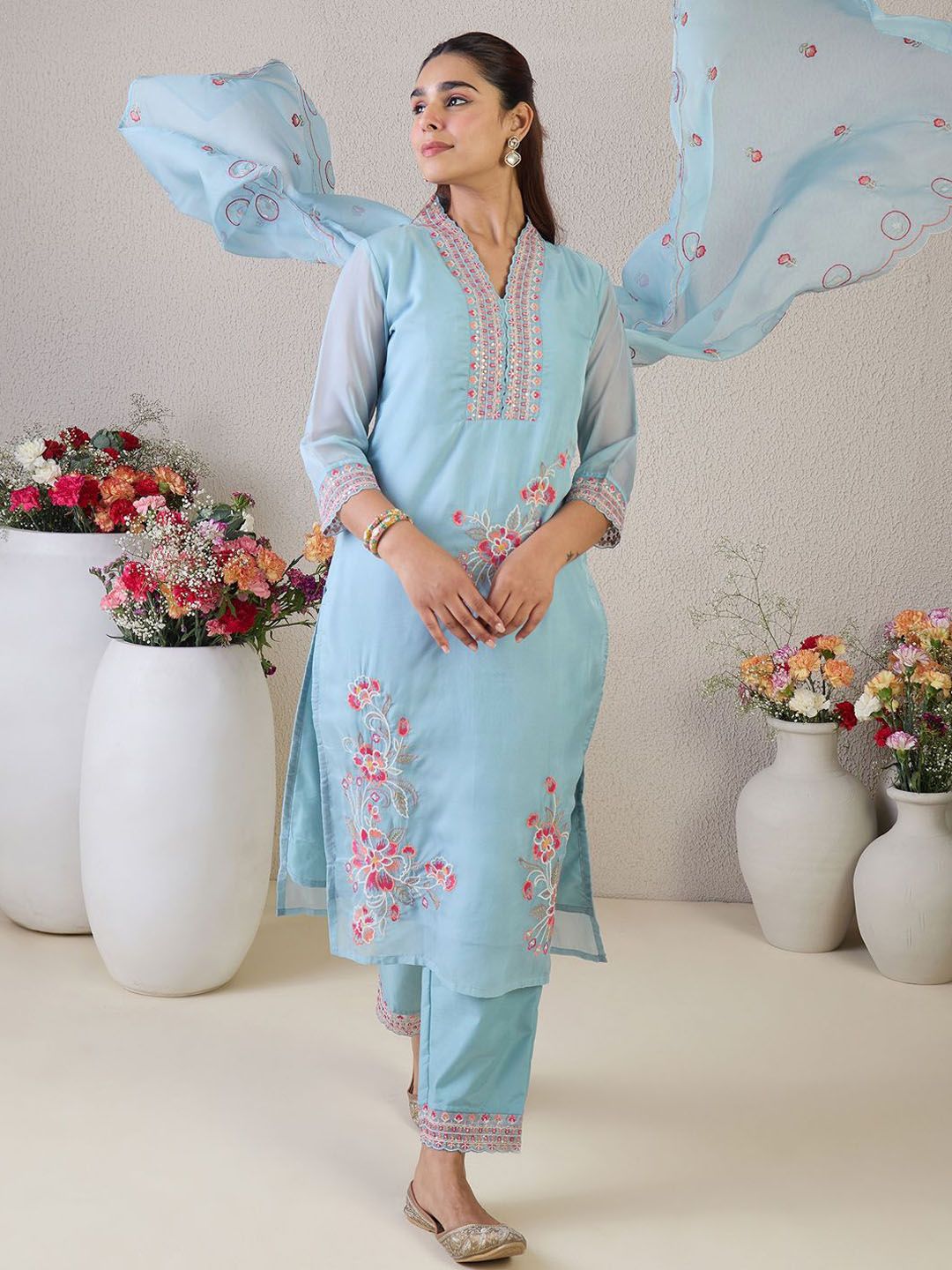 Indo Era Floral Embroidered V-Neck Thread Work Straight Kurta & Trousers & Dupatta