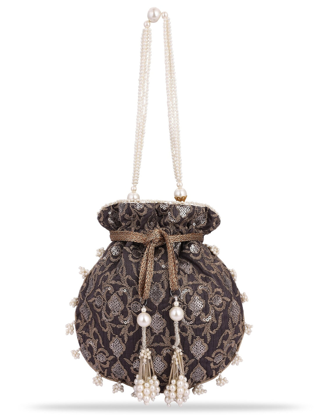 Masq Black & White Pearl & Sequinned Work Embellished Potli Clutch - Grab2buy
