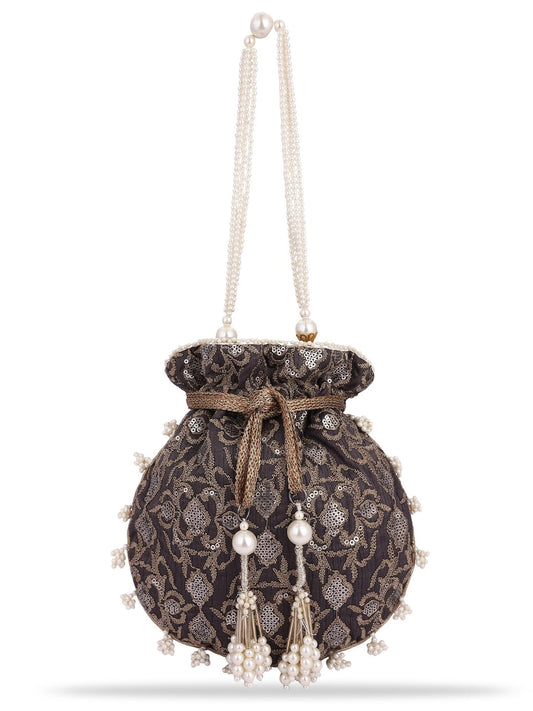 Masq Black & White Pearl & Sequinned Work Embellished Potli Clutch - Grab2buy