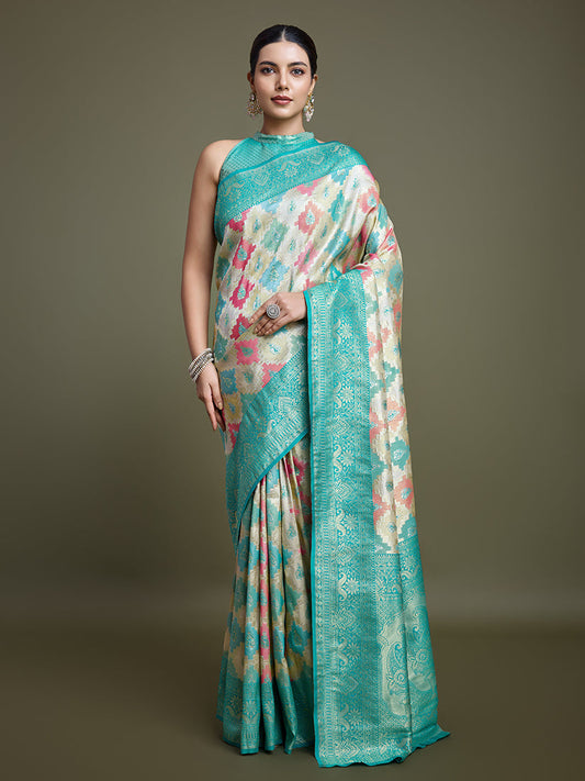 Monjolika Fashion Glamour And Tradition With This Zari Woven Turquoise And Cream Banarasi Silk Saree