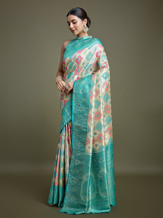 Monjolika Fashion Glamour And Tradition With This Zari Woven Turquoise And Cream Banarasi Silk Saree