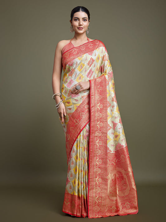 Monjolika Fashion Glamour And Tradition With This Zari Woven Red And Cream Banarasi Silk Saree