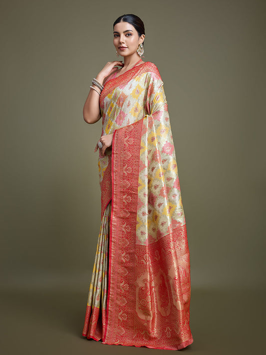 Monjolika Fashion Glamour And Tradition With This Zari Woven Red And Cream Banarasi Silk Saree