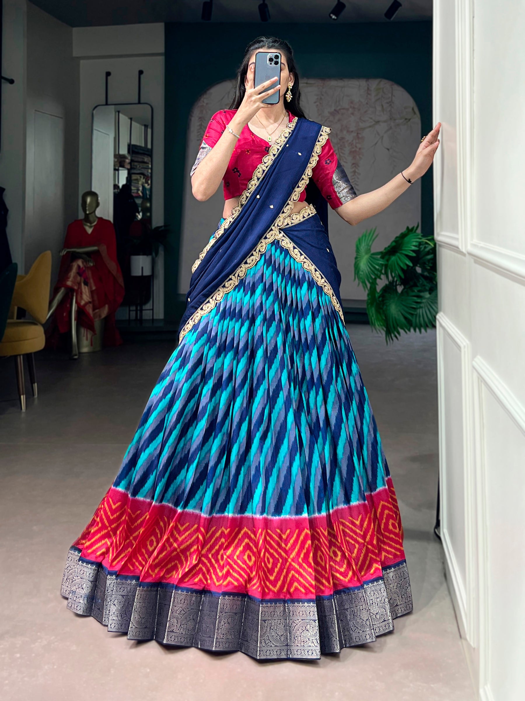 Lorenvalley Fashion Multicolor Tasar Silk Leheriya Print With Zari Weaving Work Lehenga Choli With Dupatta