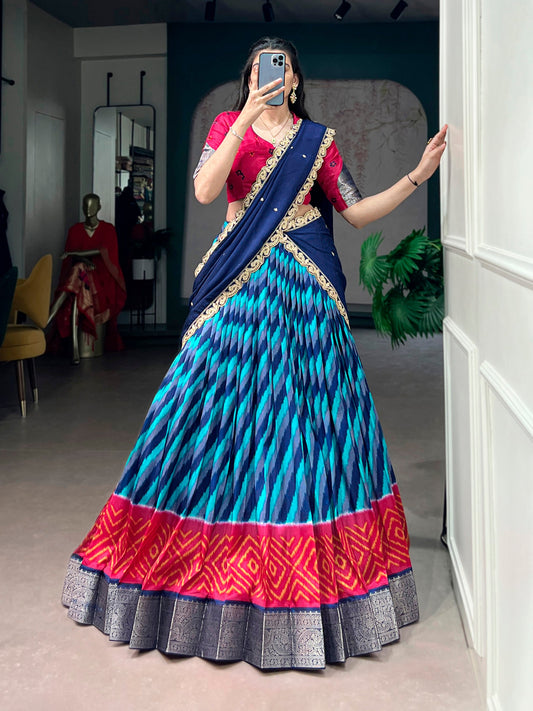 Lorenvalley Fashion Multicolor Tasar Silk Leheriya Print With Zari Weaving Work Lehenga Choli With Dupatta