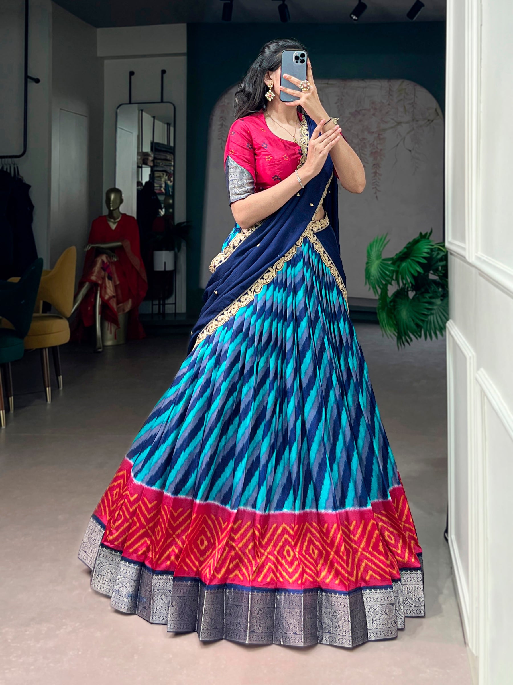 Lorenvalley Fashion Multicolor Tasar Silk Leheriya Print With Zari Weaving Work Lehenga Choli With Dupatta