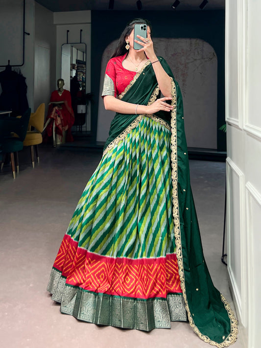 Lorenvalley Fashion Multicolor Tasar Silk Leheriya Print With Zari Weaving Work Lehenga Choli With Dupatta