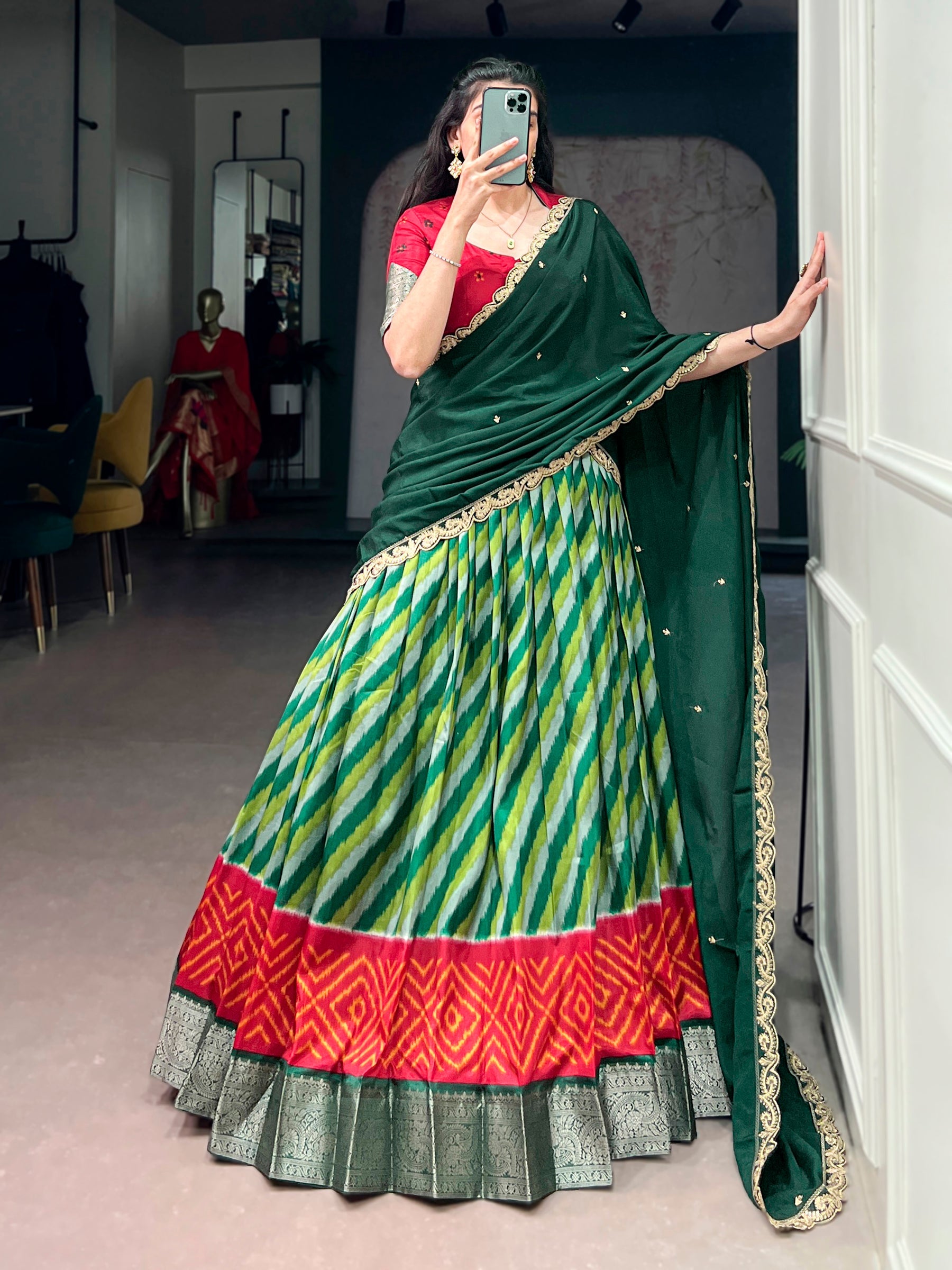 Lorenvalley Fashion Multicolor Tasar Silk Leheriya Print With Zari Weaving Work Lehenga Choli With Dupatta