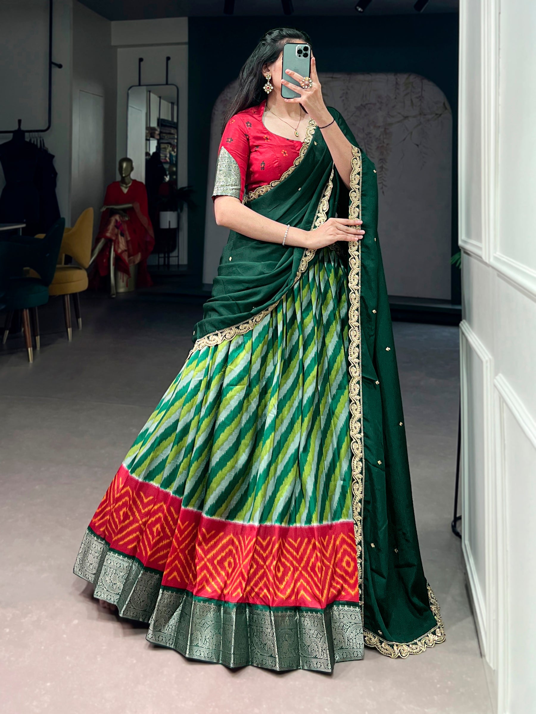 Lorenvalley Fashion Multicolor Tasar Silk Leheriya Print With Zari Weaving Work Lehenga Choli With Dupatta