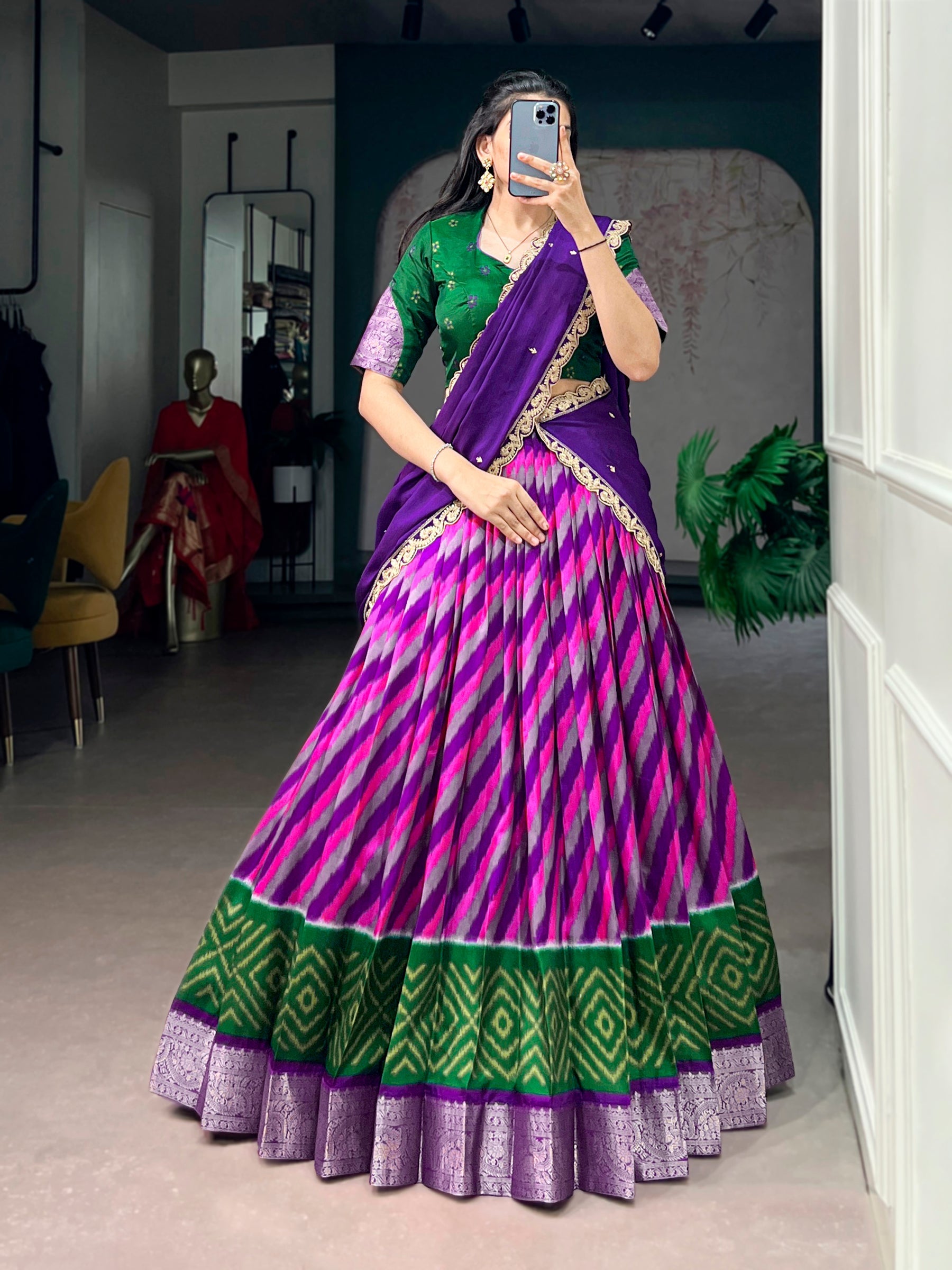 Lorenvalley Fashion Multicolor Tasar Silk Leheriya Print With Zari Weaving Work Lehenga Choli With Dupatta