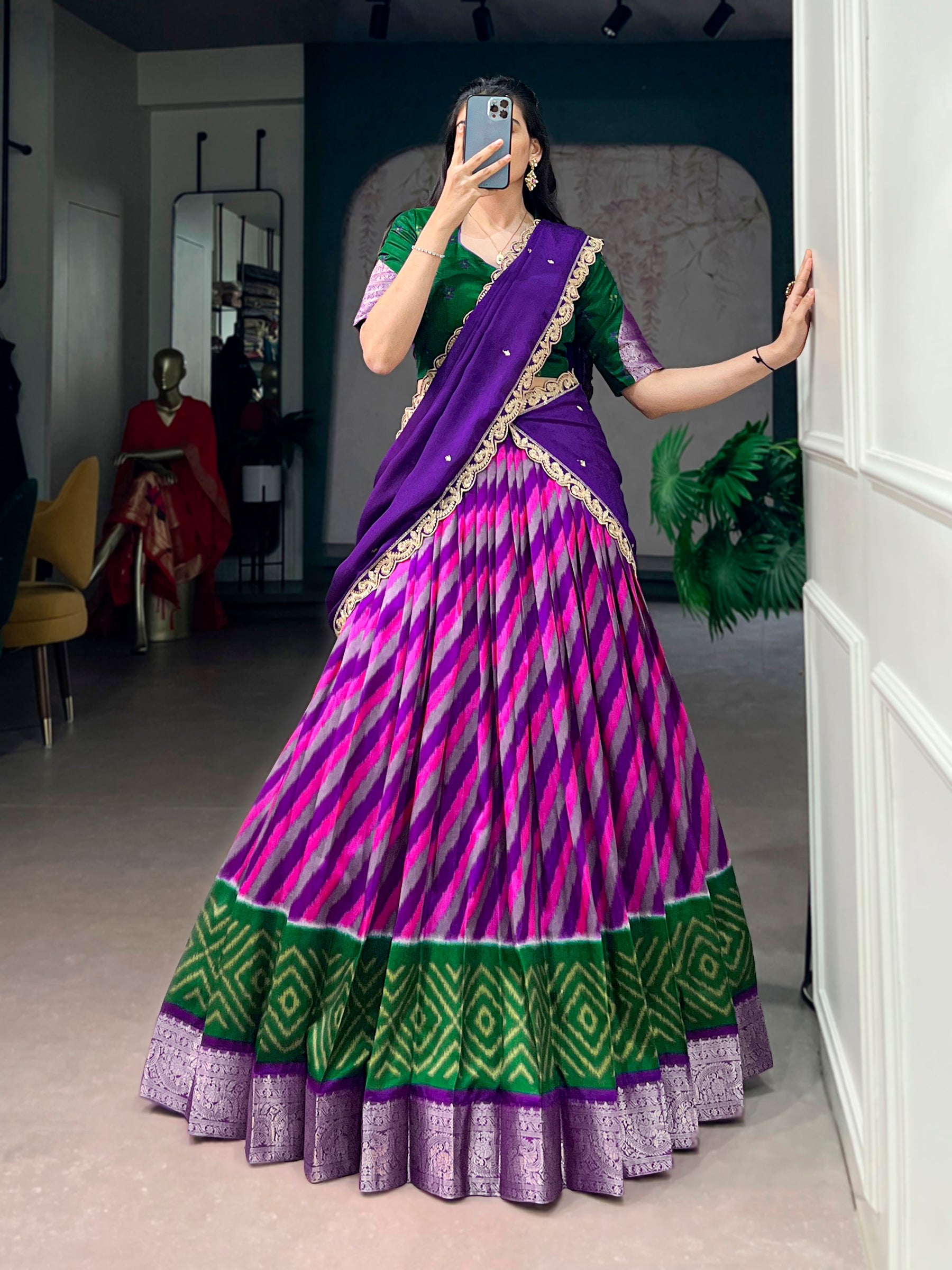 Lorenvalley Fashion Multicolor Tasar Silk Leheriya Print With Zari Weaving Work Lehenga Choli With Dupatta