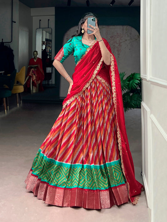 Lorenvalley Fashion Multicolor Tasar Silk Leheriya Print With Zari Weaving Work Lehenga Choli With Dupatta