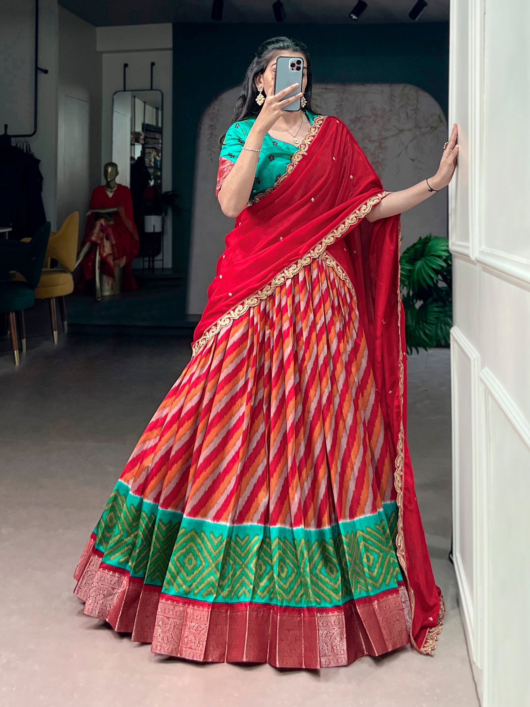 Lorenvalley Fashion Multicolor Tasar Silk Leheriya Print With Zari Weaving Work Lehenga Choli With Dupatta
