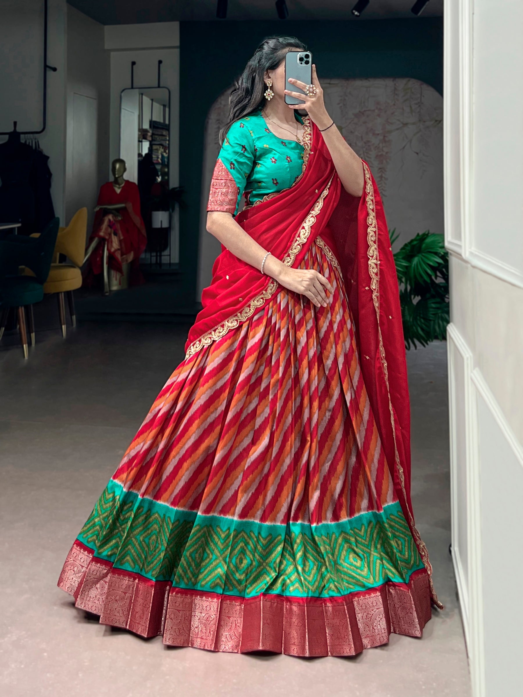 Lorenvalley Fashion Multicolor Tasar Silk Leheriya Print With Zari Weaving Work Lehenga Choli With Dupatta