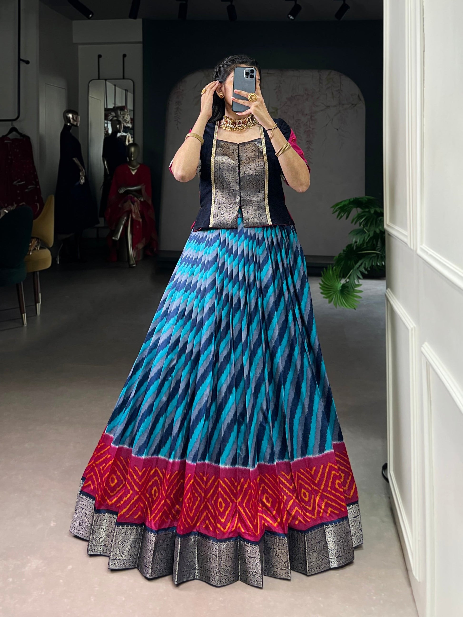Lorenvalley Fashion Firozi Tasar Silk Leheriya Print With Zari Weaving Work Lehenga Choli 