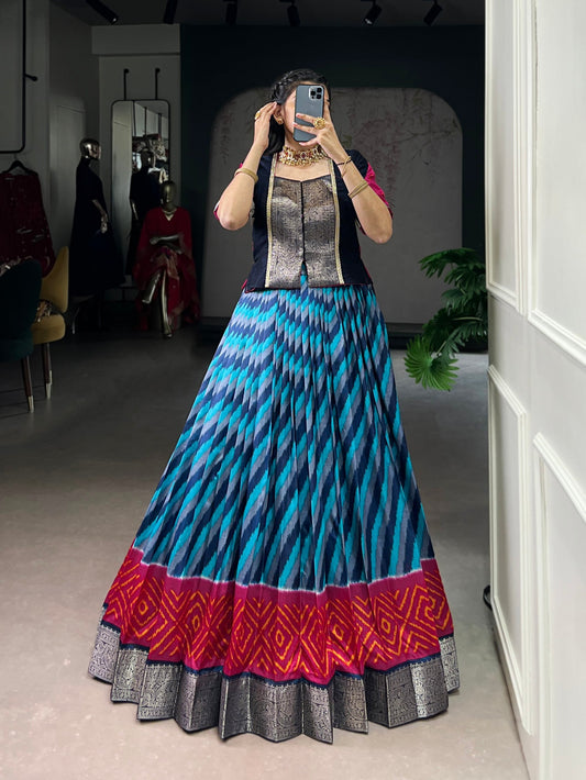 Lorenvalley Fashion Firozi Tasar Silk Leheriya Print With Zari Weaving Work Lehenga Choli 