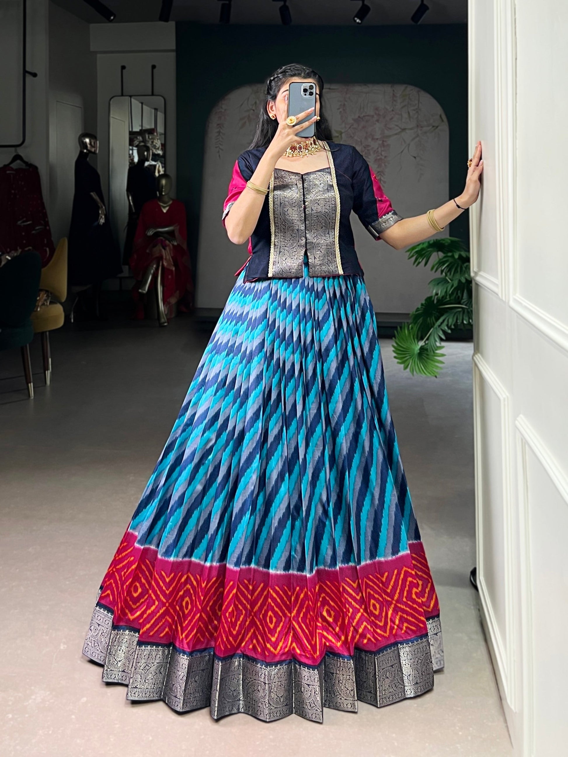 Lorenvalley Fashion Firozi Tasar Silk Leheriya Print With Zari Weaving Work Lehenga Choli 