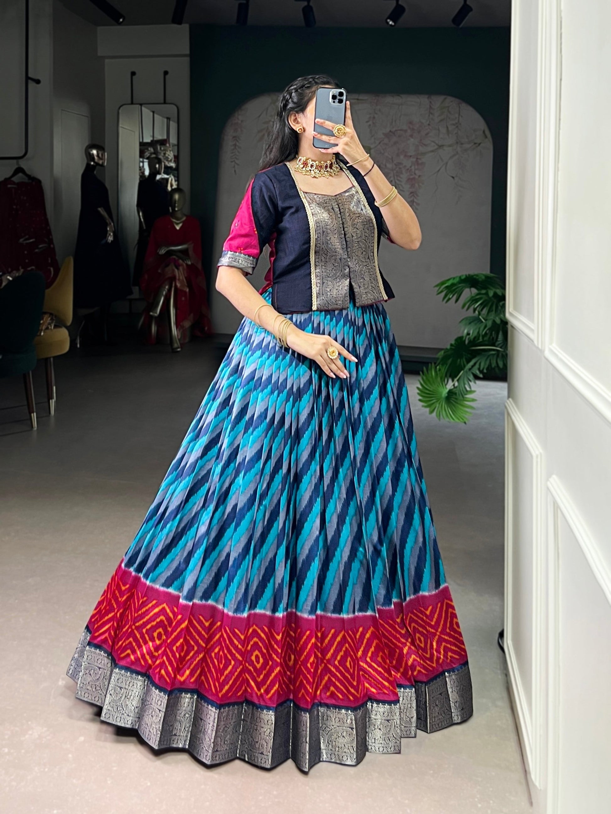 Lorenvalley Fashion Firozi Tasar Silk Leheriya Print With Zari Weaving Work Lehenga Choli 