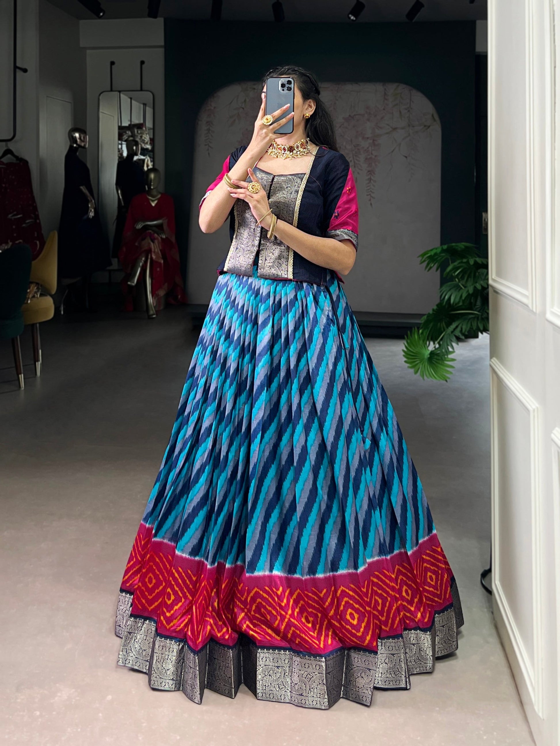 Lorenvalley Fashion Firozi Tasar Silk Leheriya Print With Zari Weaving Work Lehenga Choli 