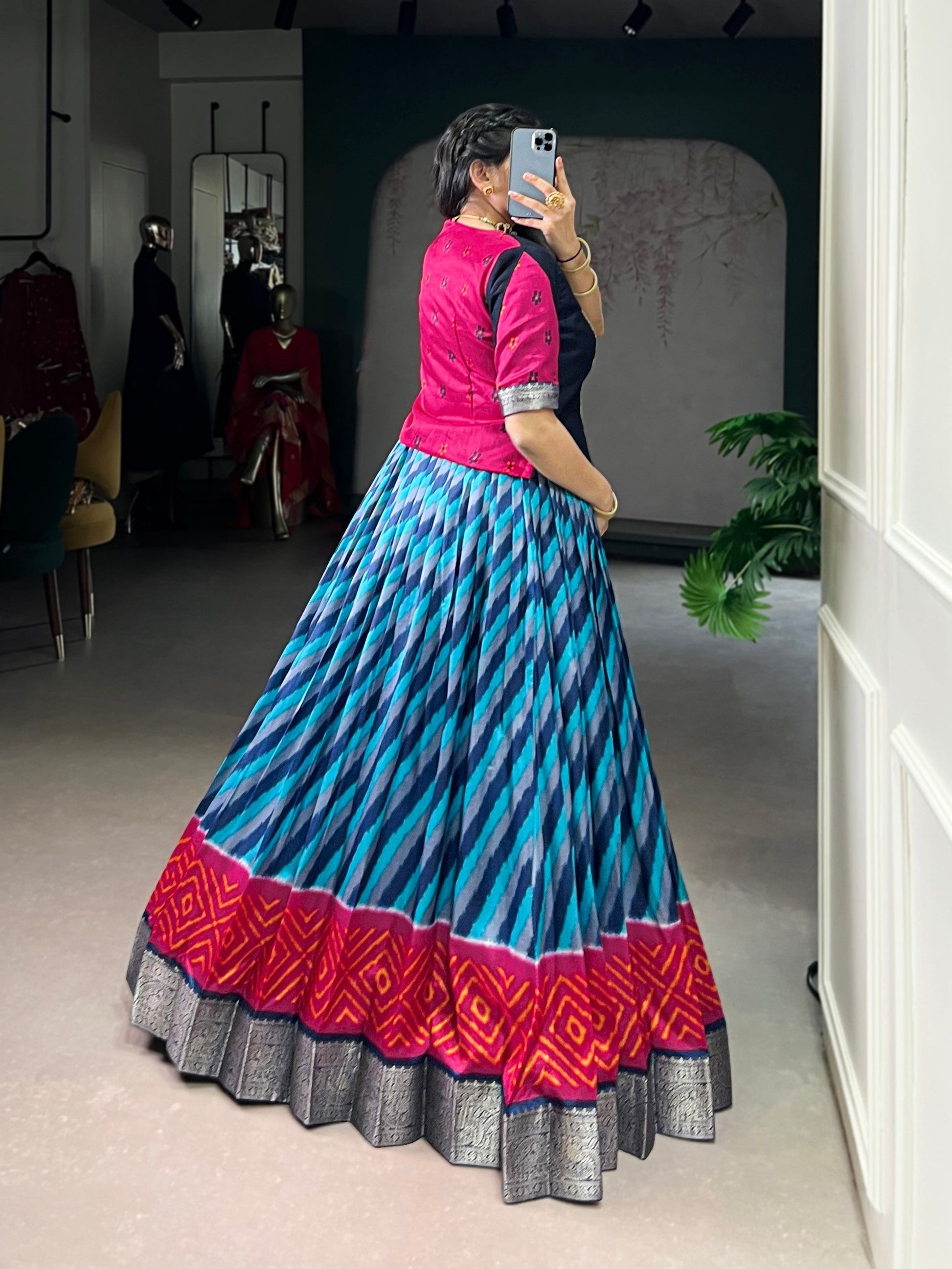Lorenvalley Fashion Firozi Tasar Silk Leheriya Print With Zari Weaving Work Lehenga Choli 
