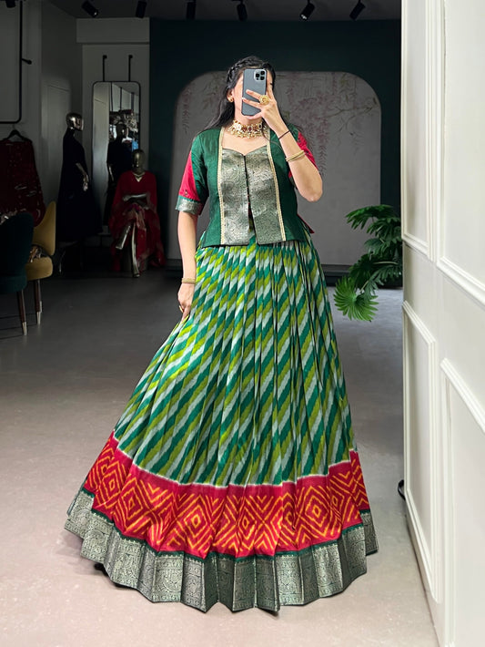 Lorenvalley Fashion Green Tasar Silk Leheriya Print With Zari Weaving Work Lehenga Choli 