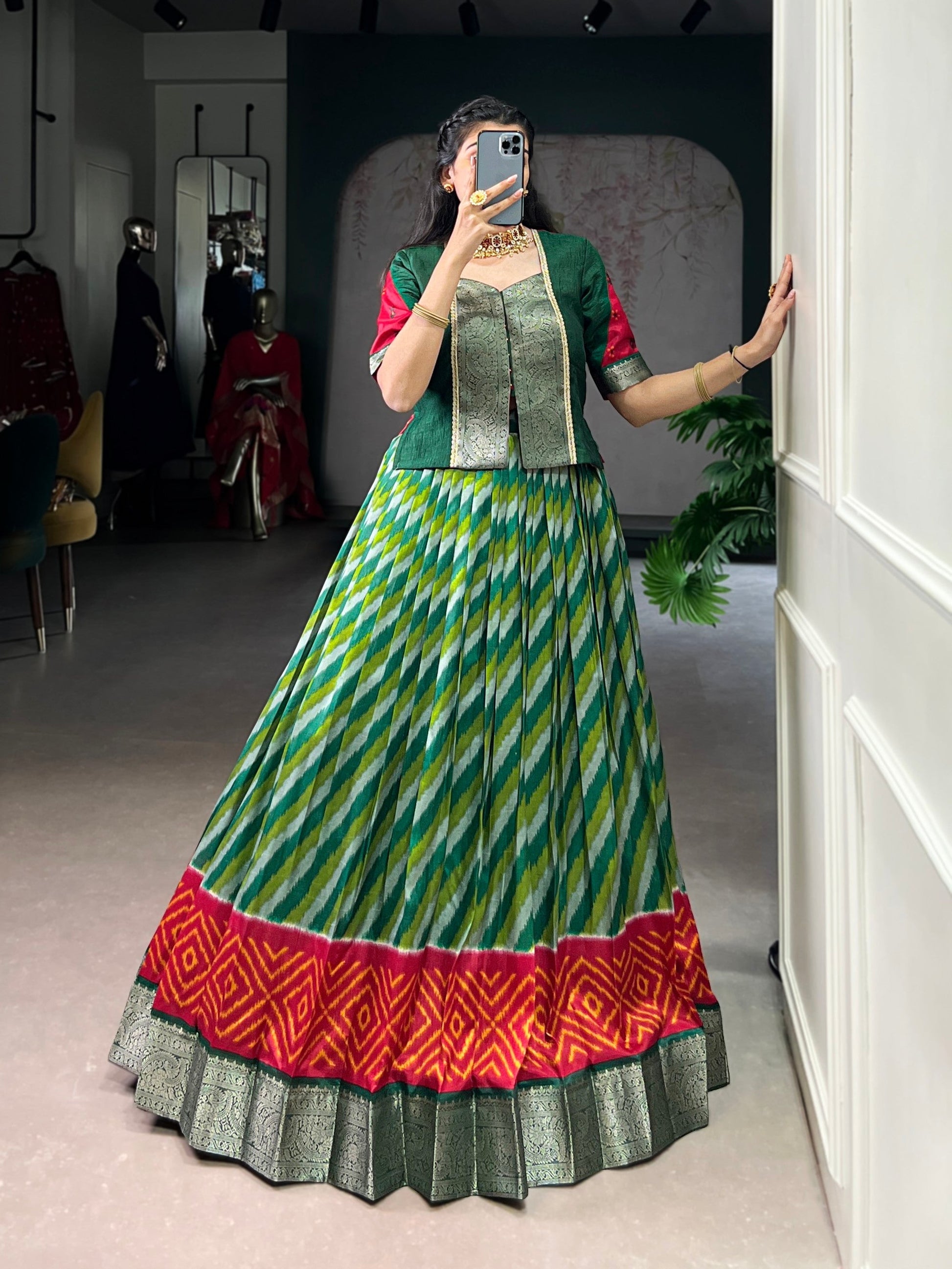 Lorenvalley Fashion Green Tasar Silk Leheriya Print With Zari Weaving Work Lehenga Choli 