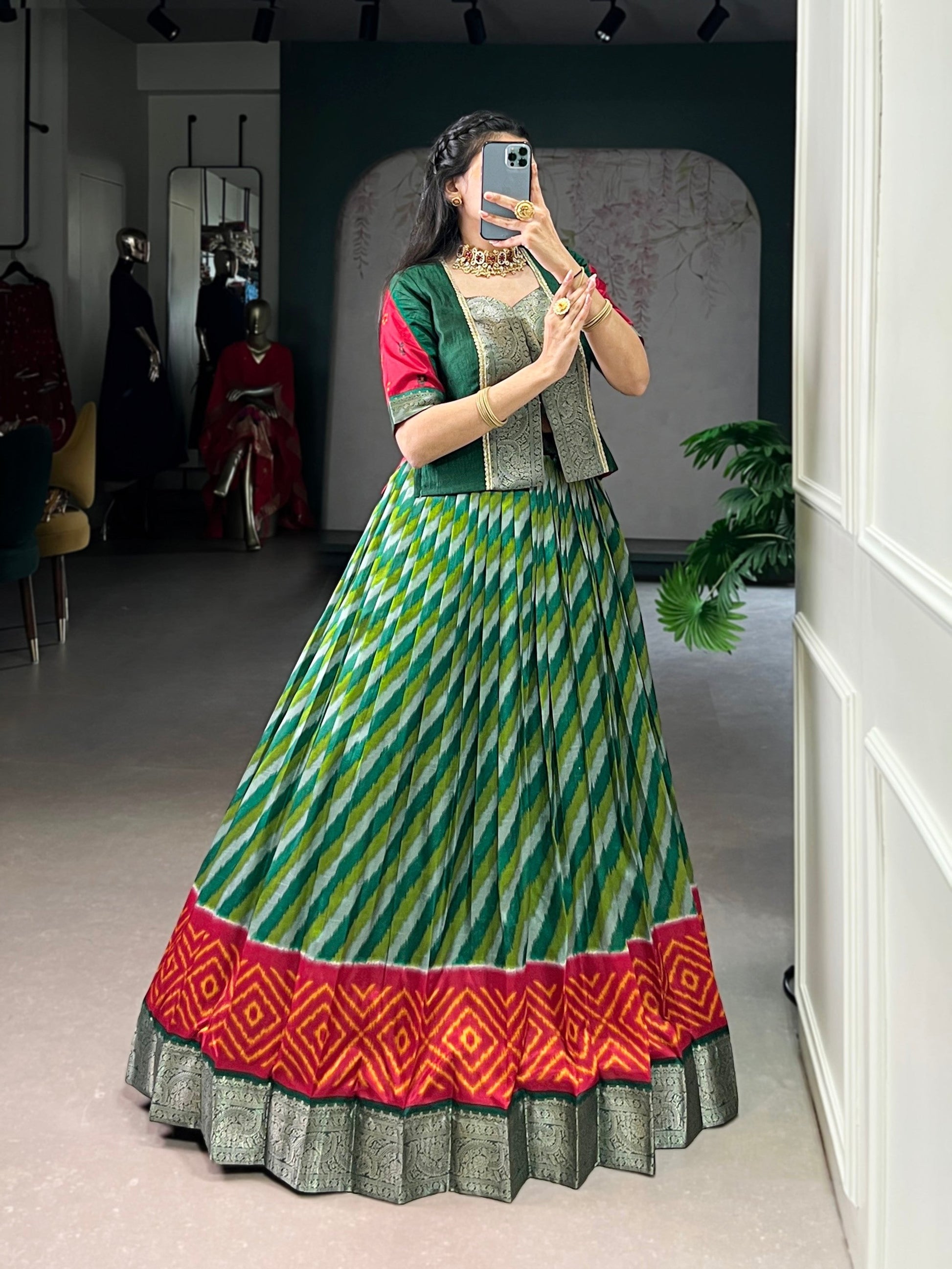 Lorenvalley Fashion Green Tasar Silk Leheriya Print With Zari Weaving Work Lehenga Choli 