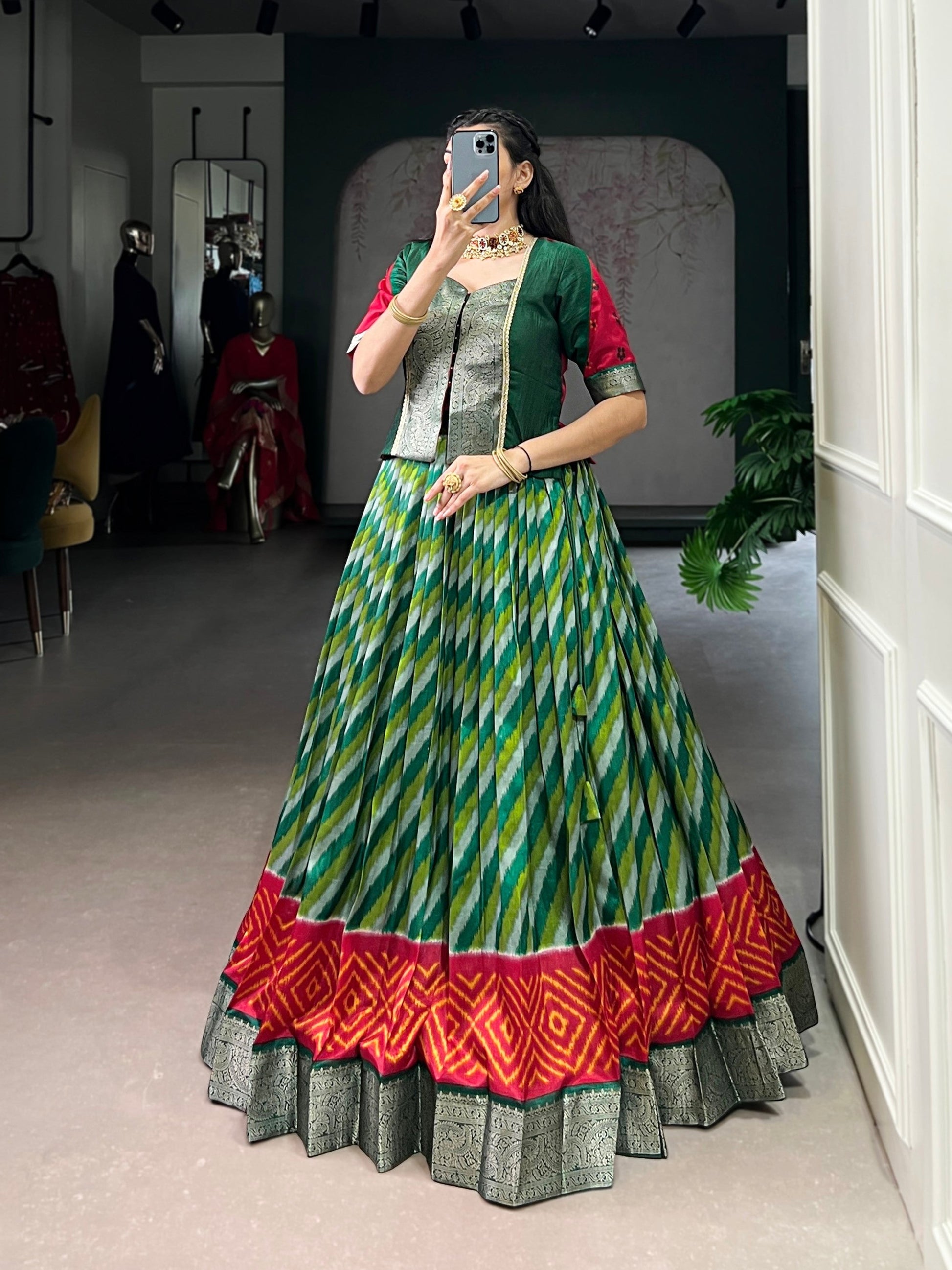 Lorenvalley Fashion Green Tasar Silk Leheriya Print With Zari Weaving Work Lehenga Choli 