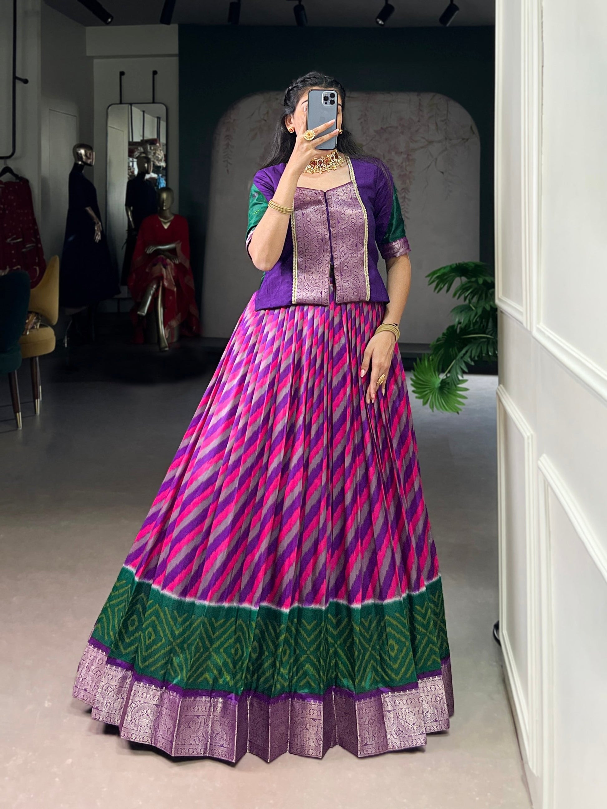 Lorenvalley Fashion Purple Tasar Silk Leheriya Print With Zari Weaving Work Lehenga Choli 