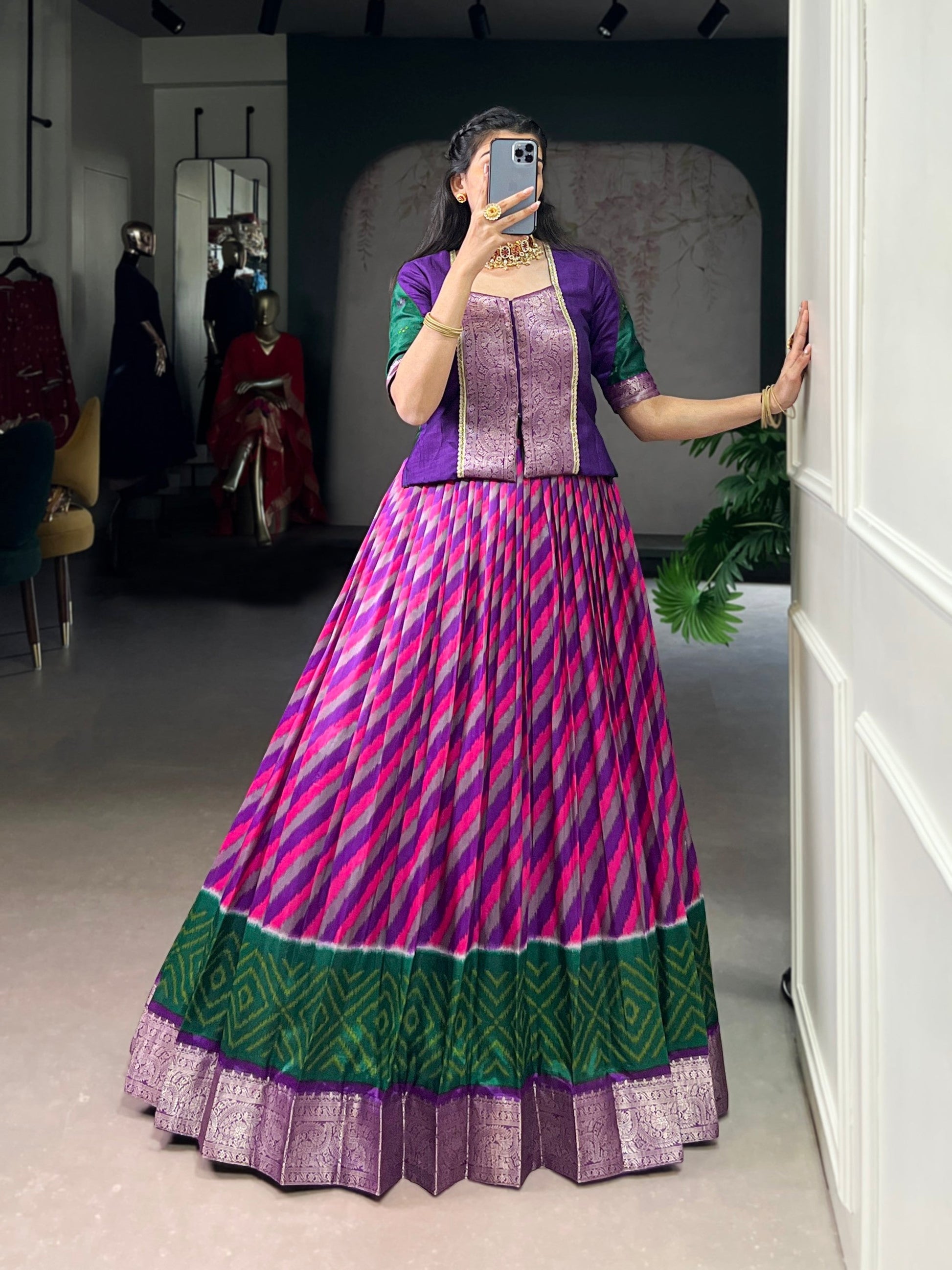 Lorenvalley Fashion Purple Tasar Silk Leheriya Print With Zari Weaving Work Lehenga Choli 