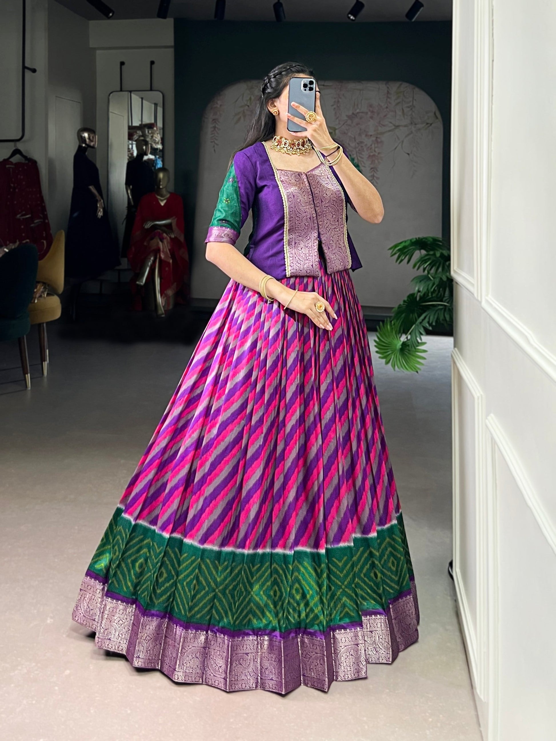 Lorenvalley Fashion Purple Tasar Silk Leheriya Print With Zari Weaving Work Lehenga Choli 