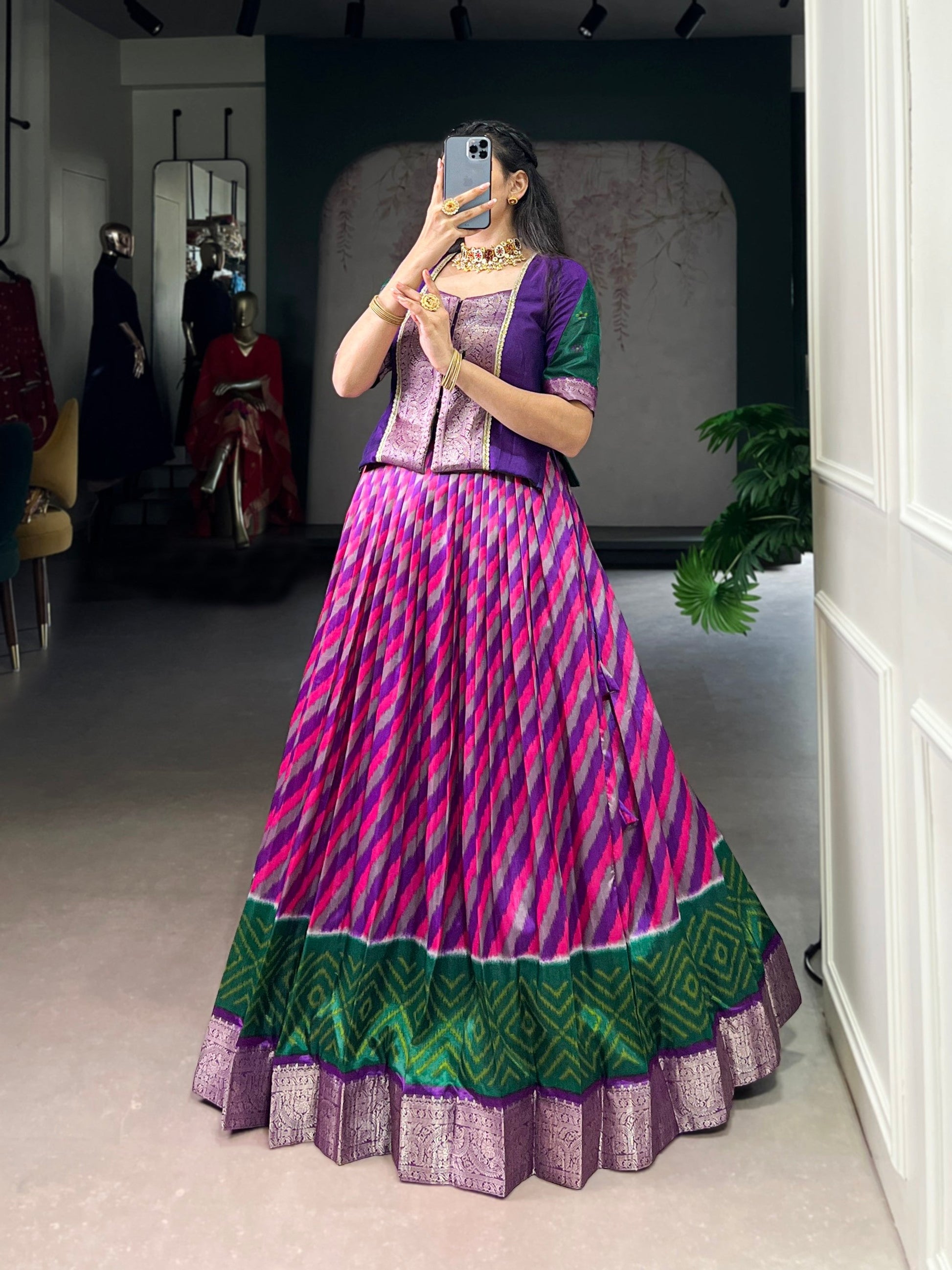 Lorenvalley Fashion Purple Tasar Silk Leheriya Print With Zari Weaving Work Lehenga Choli 