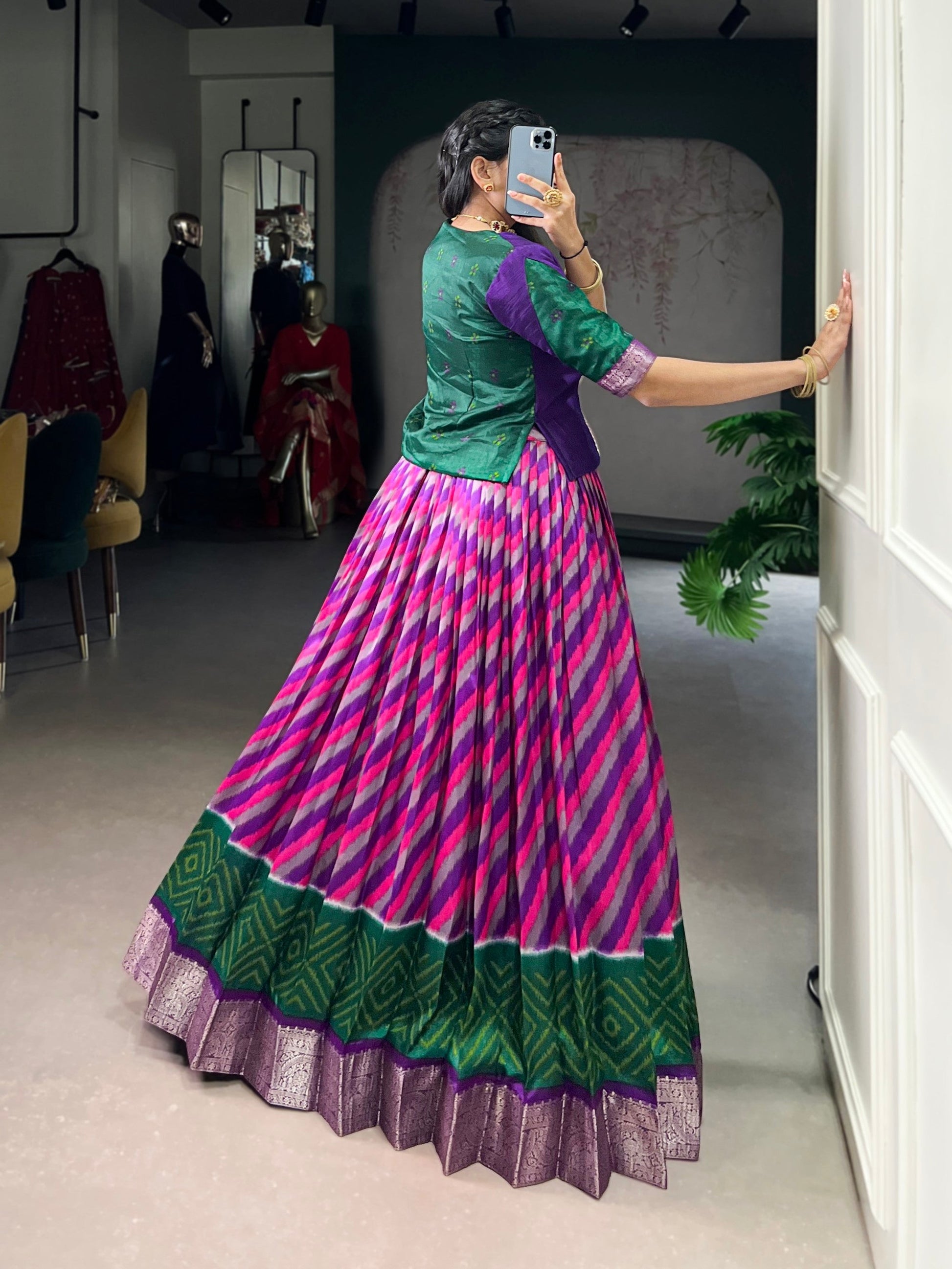 Lorenvalley Fashion Purple Tasar Silk Leheriya Print With Zari Weaving Work Lehenga Choli 