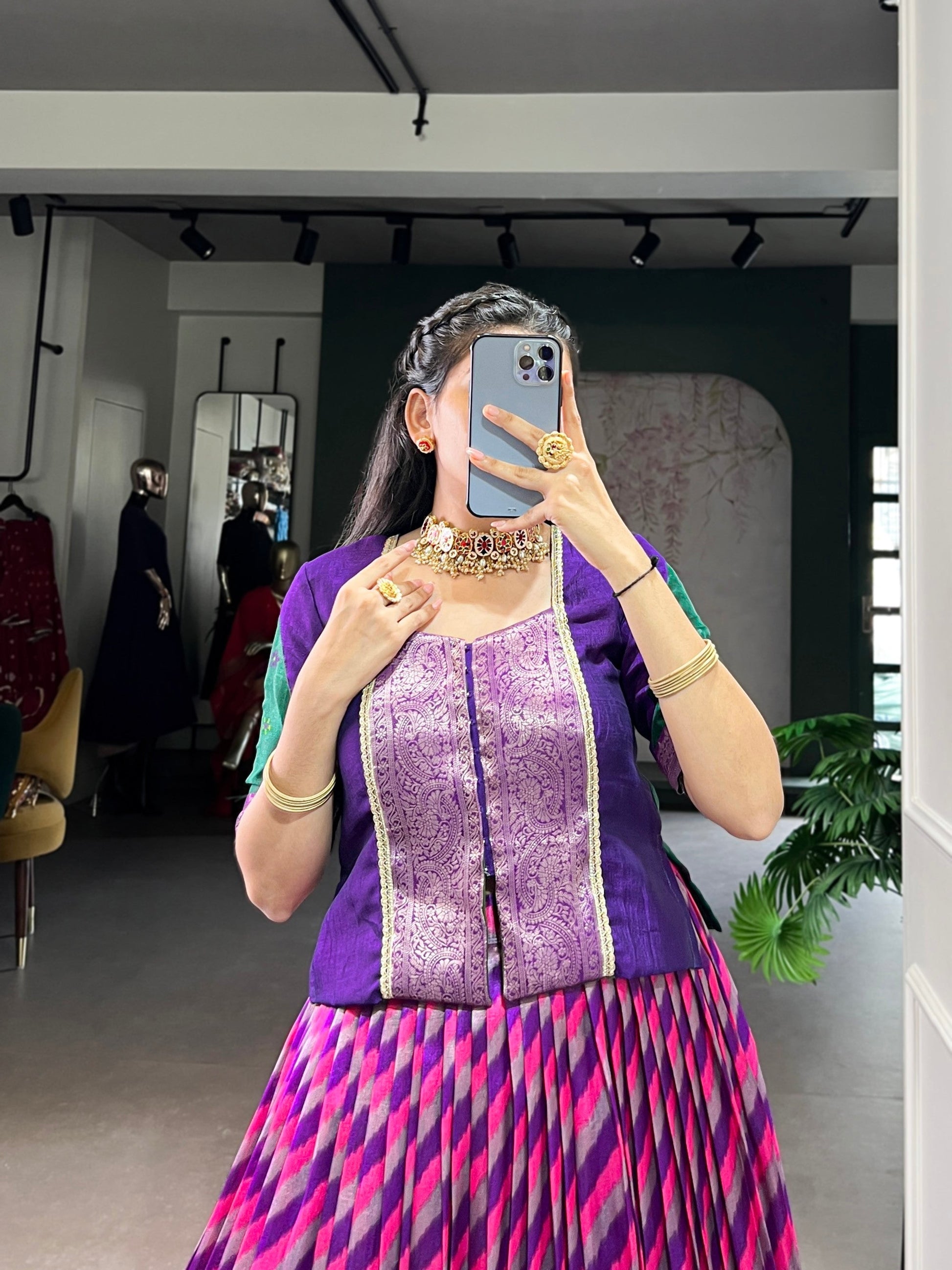 Lorenvalley Fashion Purple Tasar Silk Leheriya Print With Zari Weaving Work Lehenga Choli 